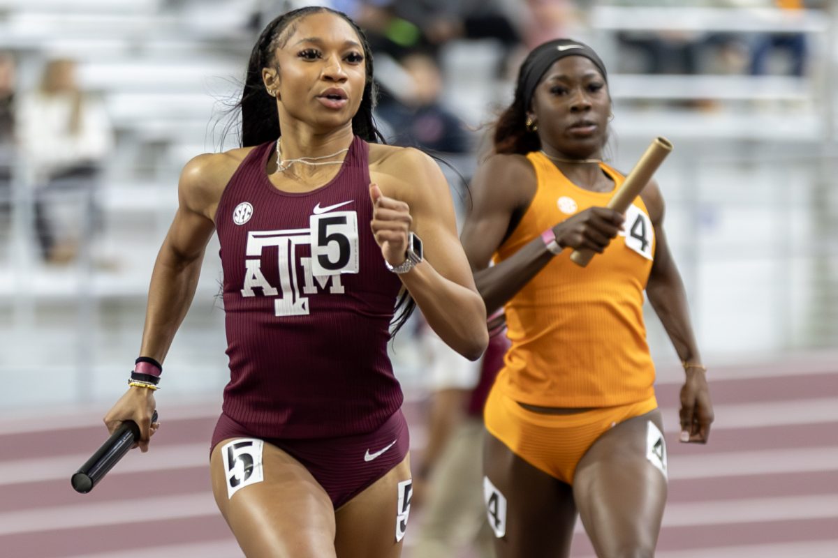 Texas A&M sprinter competes competes in the 4x400 Meter Relay during the Ted Nelson Invitational at Murray Fasken Indoor Track on Saturday, Jan. 20, 2024. (CJ Smith/The Battalion)