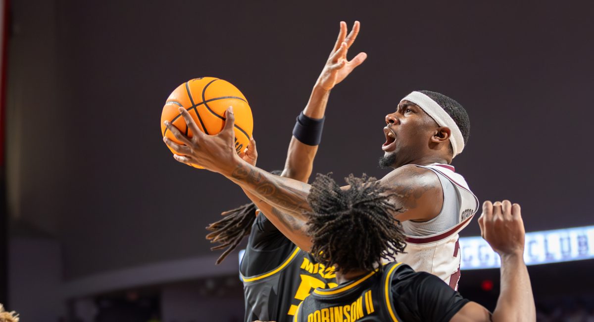 Graduate G Tyrece Radford (23) gets fouled while attempting a layup during A&Ms game against Missouri at Reed Arena on Tuesday, Jan. 23, 2024. (CJ Smith/The Battalion)