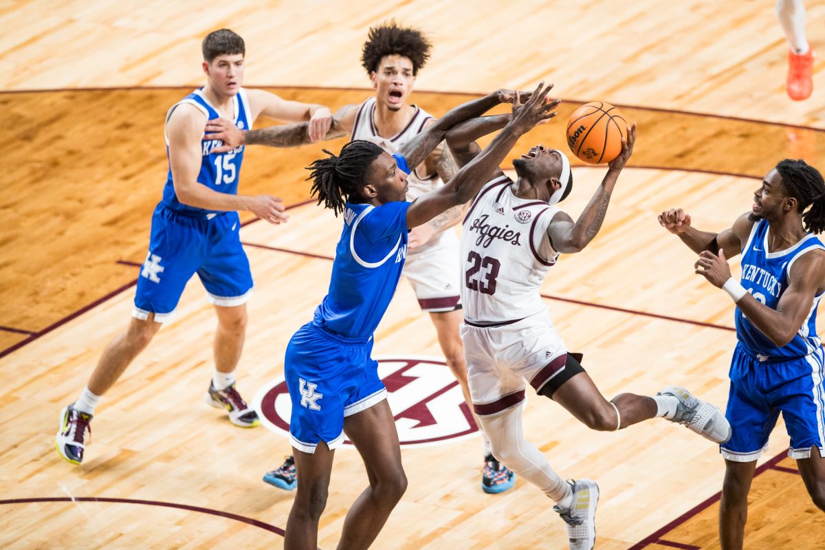 Graduate G Tyrece Radford (23) shoots the ball during Texas A&Ms game against Kentucky on Saturday, Jan. 13, 2024 at Reed Arena.(Ishka Samant/The Battalion)
