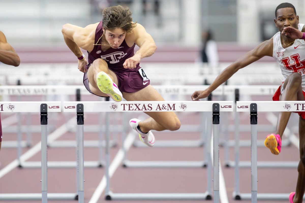 Texas A&amp;M senior Connor Schulman jumps the hurdle during the Ted Nelson Invitational at Murray Fasken Indoor Track on Saturday, Jan. 20, 2024. (CJ Smith/The Battalion)