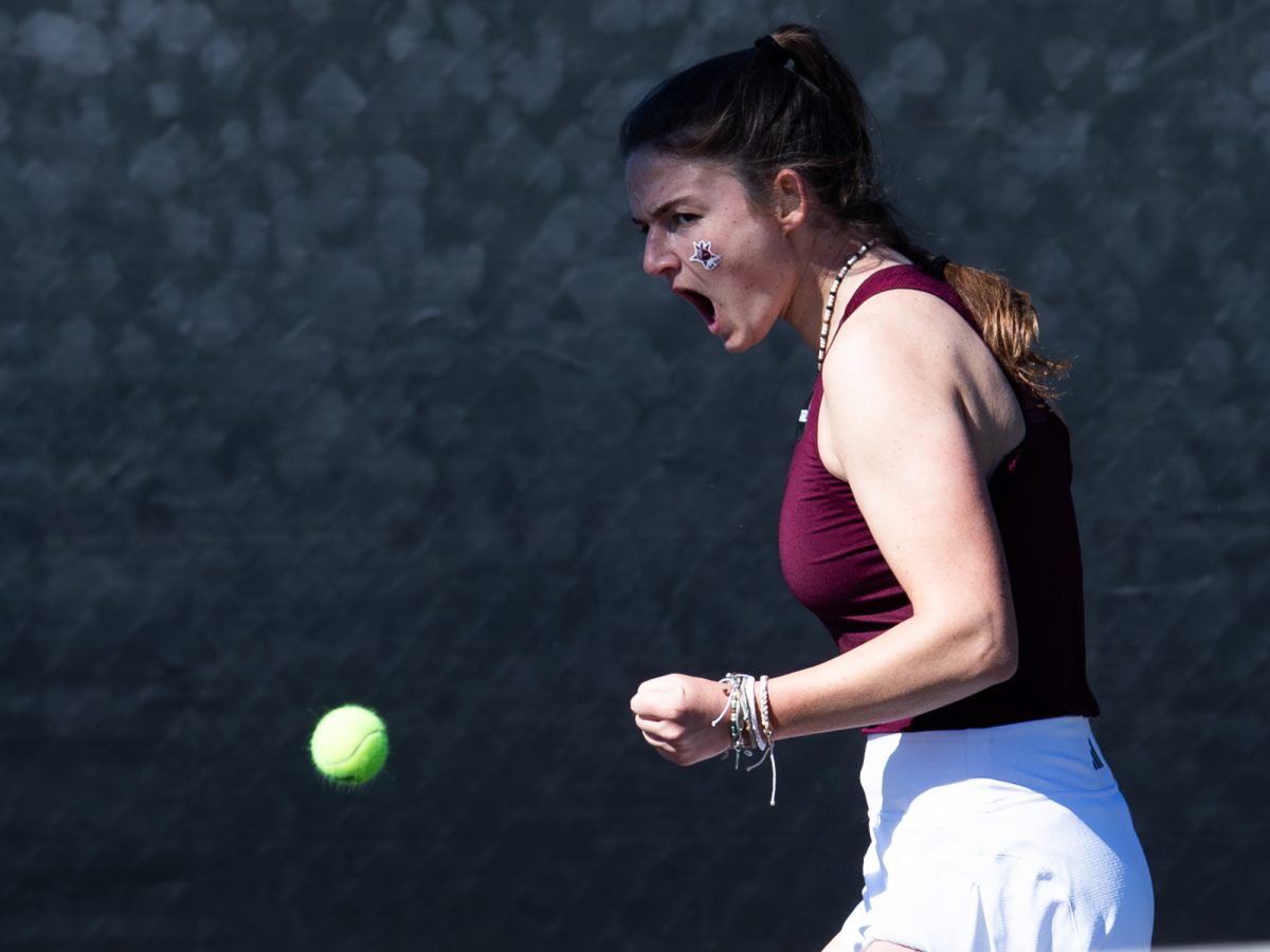 Sophomore Nicole Khirin reacts to a comeback set during Texas A&Ms match against TCU on Sunday, Jan. 28, 2024, at Mitchell Outdoor Tennis Center. (Connor May/The Battalion)