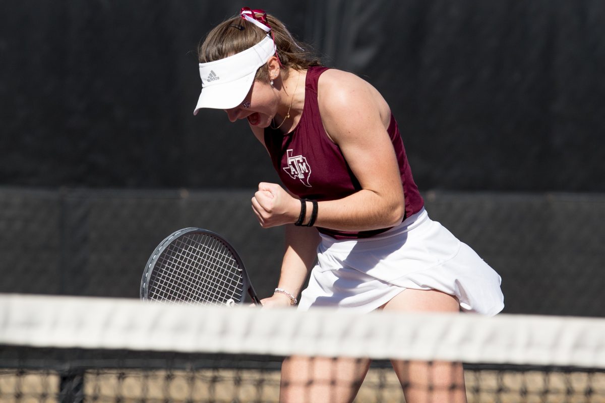 Junior Mary Stoiana celebrates a succesful set at Texas A&Ms match against TCU on Sunday, Jan. 28, 2024, at the Mitchell Tennis Center.