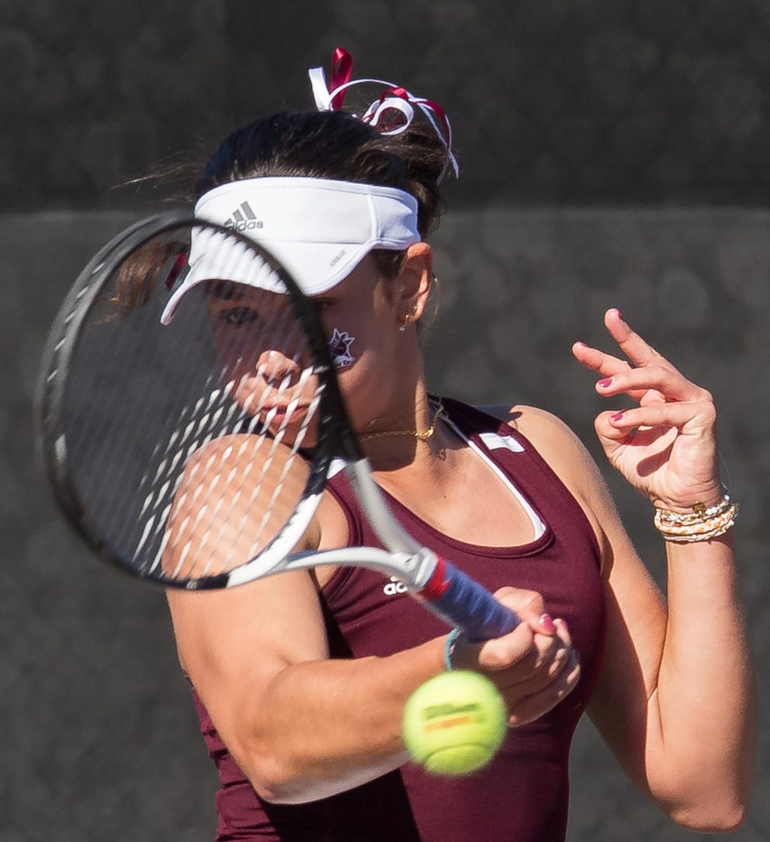 Sophomore Mia Kupres hits the ball during Texas A&Ms match against TCU on Sunday, Jan. 28, 2024, at the Mitchell Tennis Center. (Connor May/The Battalion)