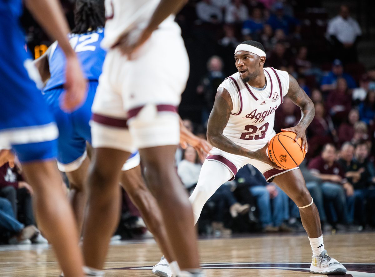 Graduate G Tyrece Radford (23) looks to pass the ball during Texas A&Ms game against Kentucky on Saturday, Jan. 13, 2024 at Reed Arena.(Ishka Samant/The Battalion)