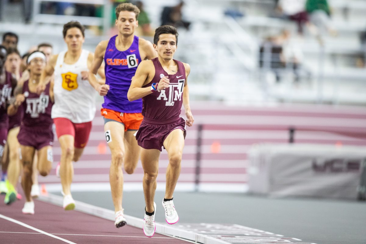 Texas A&M Eric Casarez finishes the 1-mile during Ted Nelson Invitational at the Murray Fasken Indoor Track on Saturday, Jan. 20, 2024. (Ishika Samant/The Battalion)