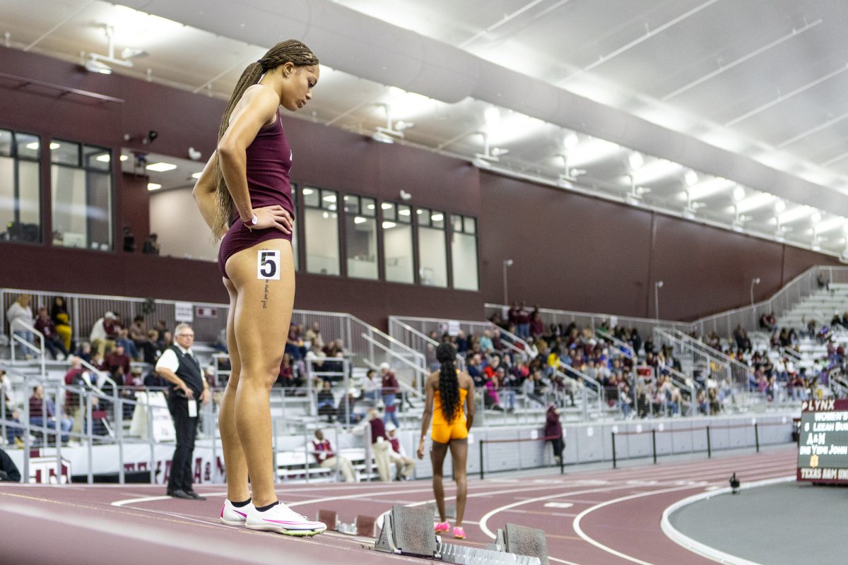 Texas A&M junior Kennedy Wade before the womens 400m during the Ted Nelson Invitional at the Murray Fasken Indoor Track on Jan. 20, 2024. (Mattie Taylor/The Battalion)