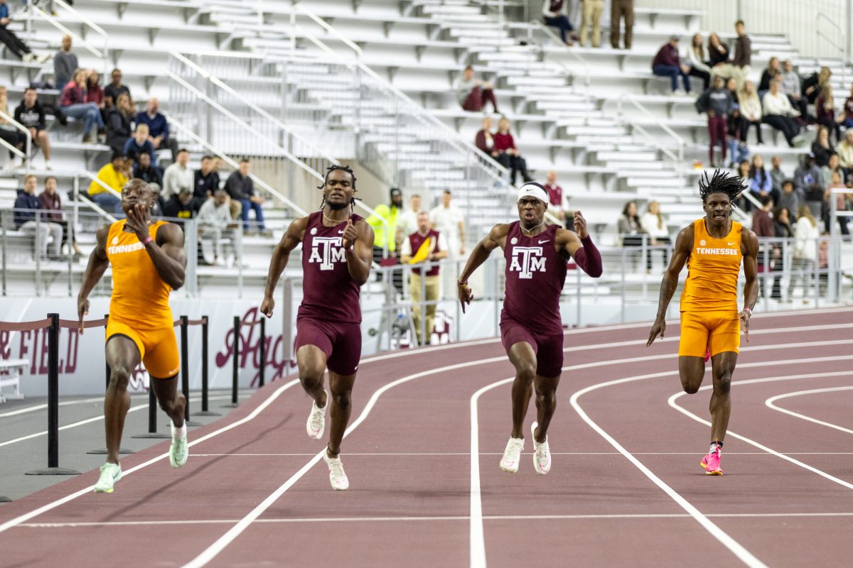 Texas A&M junior Kimar Farquharson and Texas A&M sophomore Eric Hemphill III during the Ted Nelson Invitional at the Murray Fasken Indoor Track on Jan. 20, 2024. (Mattie Taylor/The Battalion)