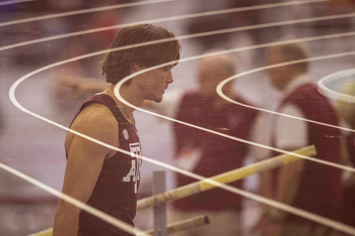 Double-exposure of Texas A&M pole vaulter during the Ted Nelson Invitional at the Murray Fasken Indoor Track on Jan. 20, 2024. (Mattie Taylor/The Battalion)