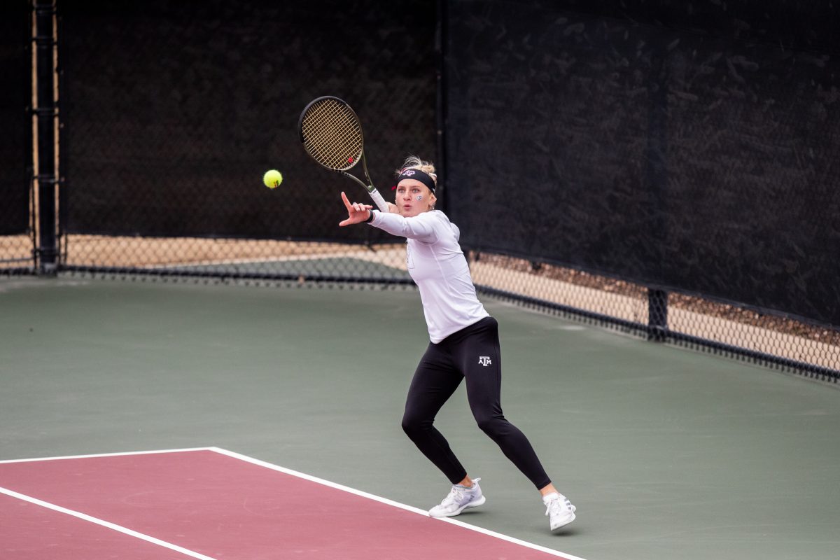 Sophomore Daria Smetannikov hits during Texas A&Ms doubles match against Northwestern at Mitchell Outdoor Tennis Center on Saturday, Jan. 27, 2024. (Mattie Taylor/The Battalion)