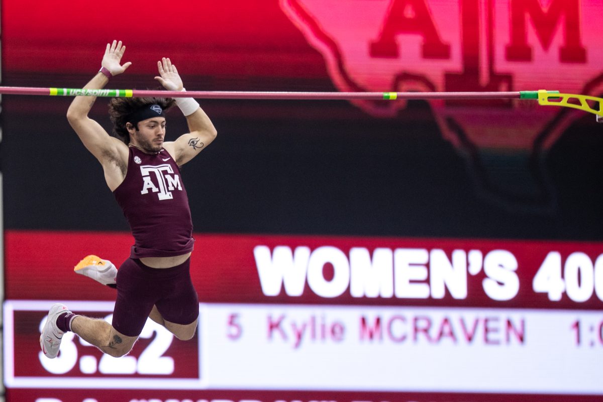 Texas A&M senior Connor Gregston clears the bar during the Ted Nelson Invitional at the Murray Fasken Indoor Track on Jan. 20, 2024. (Mattie Taylor/The Battalion)