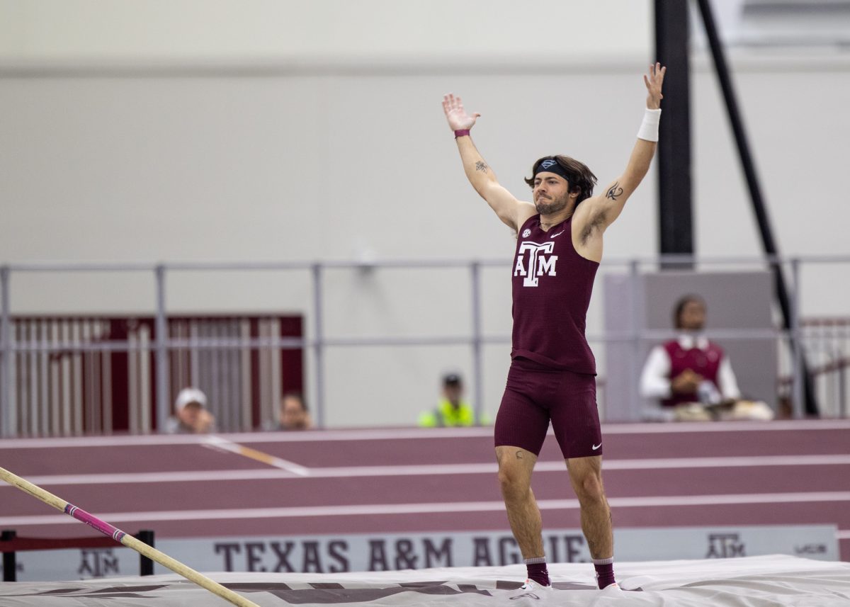Texas A&M senior Connor Gregston celebrates after clearing the bar during the Ted Nelson Invitional at the Murray Fasken Indoor Track on Jan. 20, 2024. (Mattie Taylor/The Battalion)