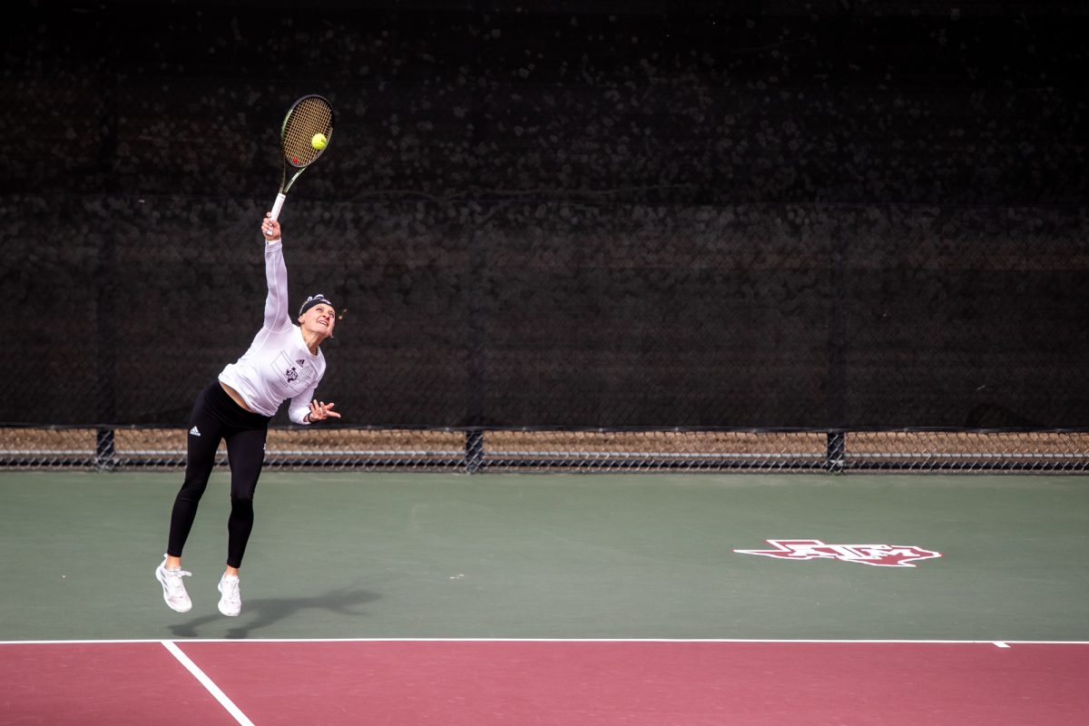 Sophomore Daria Smetannikov serves during Texas A&Ms doubles match against Northwestern at Mitchell Outdoor Tennis Center on Saturday, Jan. 27, 2024. (Mattie Taylor/The Battalion)