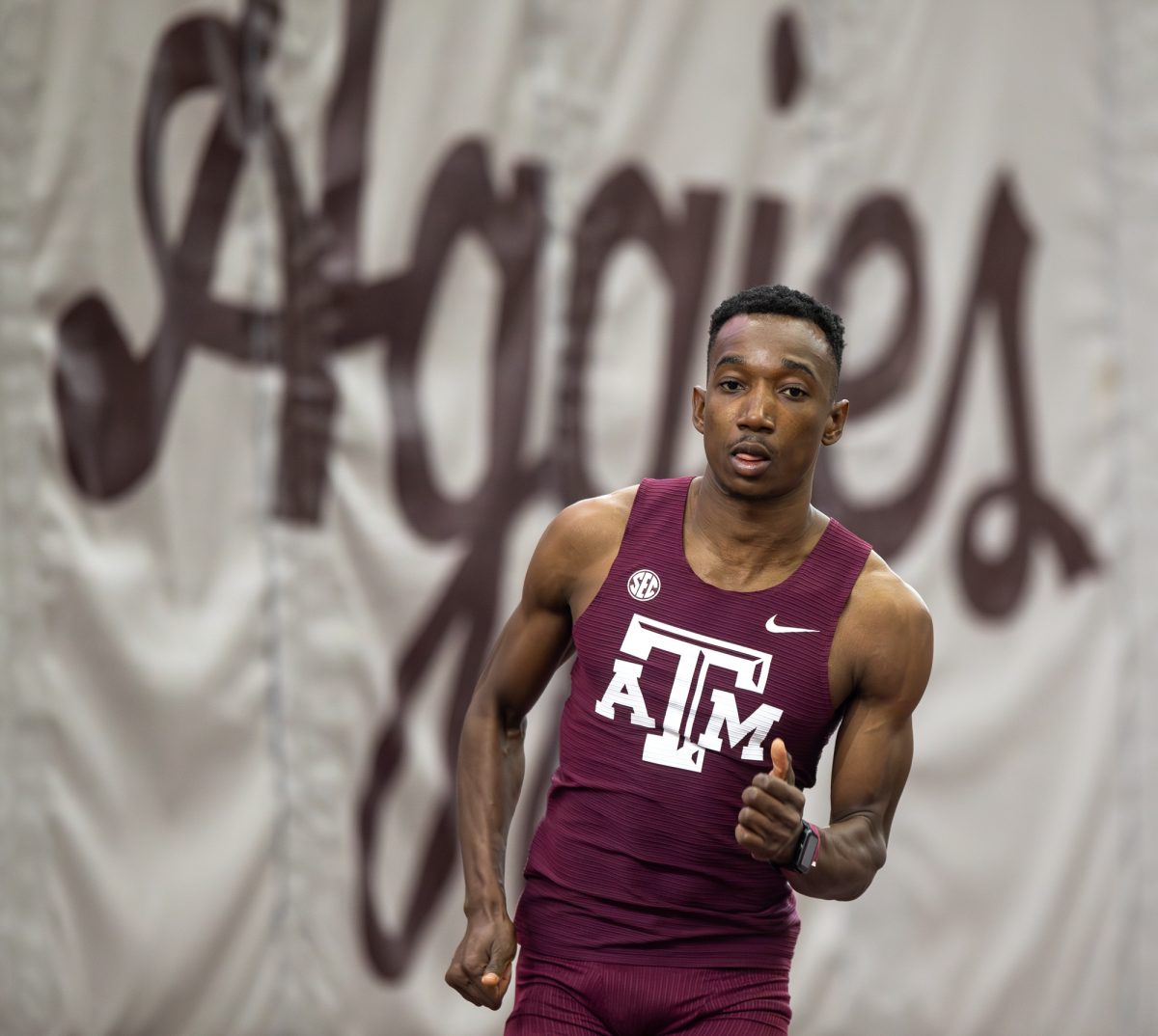 Texas A&M runner during the Ted Nelson Invitional at the Murray Fasken Indoor Track on Jan. 20, 2024. (Mattie Taylor/The Battalion)