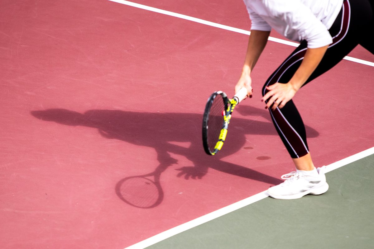 Fifth-year Sydney Fitch moves to hit the ball during Texas A&Ms doubles match against Northwestern at Mitchell Outdoor Tennis Center on Saturday, Jan. 27, 2024. (Mattie Taylor/The Battalion)