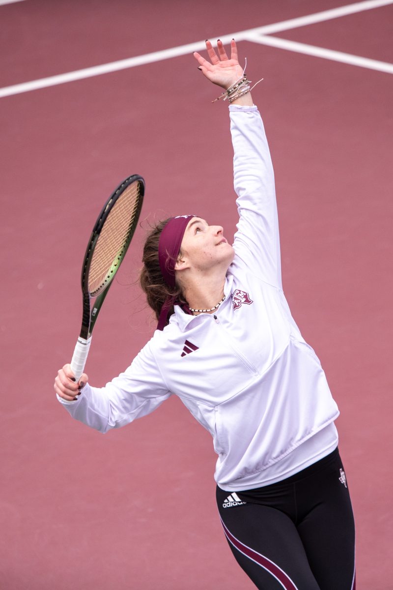 Sophomore Nicole Khirin serves during Texas A&Ms doubles match against Northwestern at Mitchell Outdoor Tennis Center on Saturday, Jan. 27, 2024. (Mattie Taylor/The Battalion)