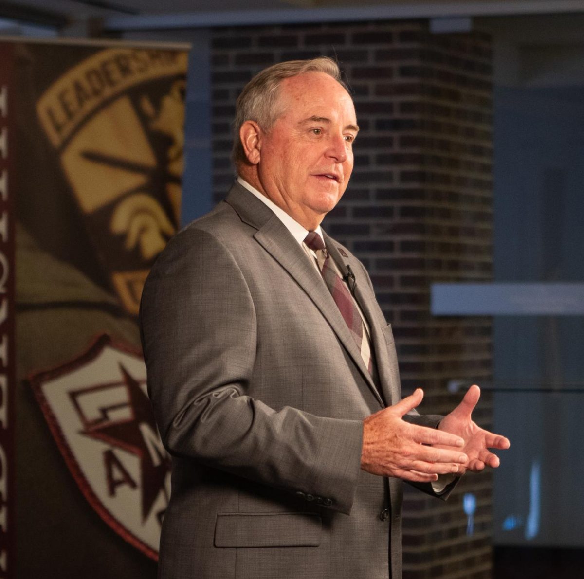 President Mark A. Welsh III answers reporters questions on Oct. 4, 2023 at the Hall of Champions. (Julianne Shivers/The Battalion)