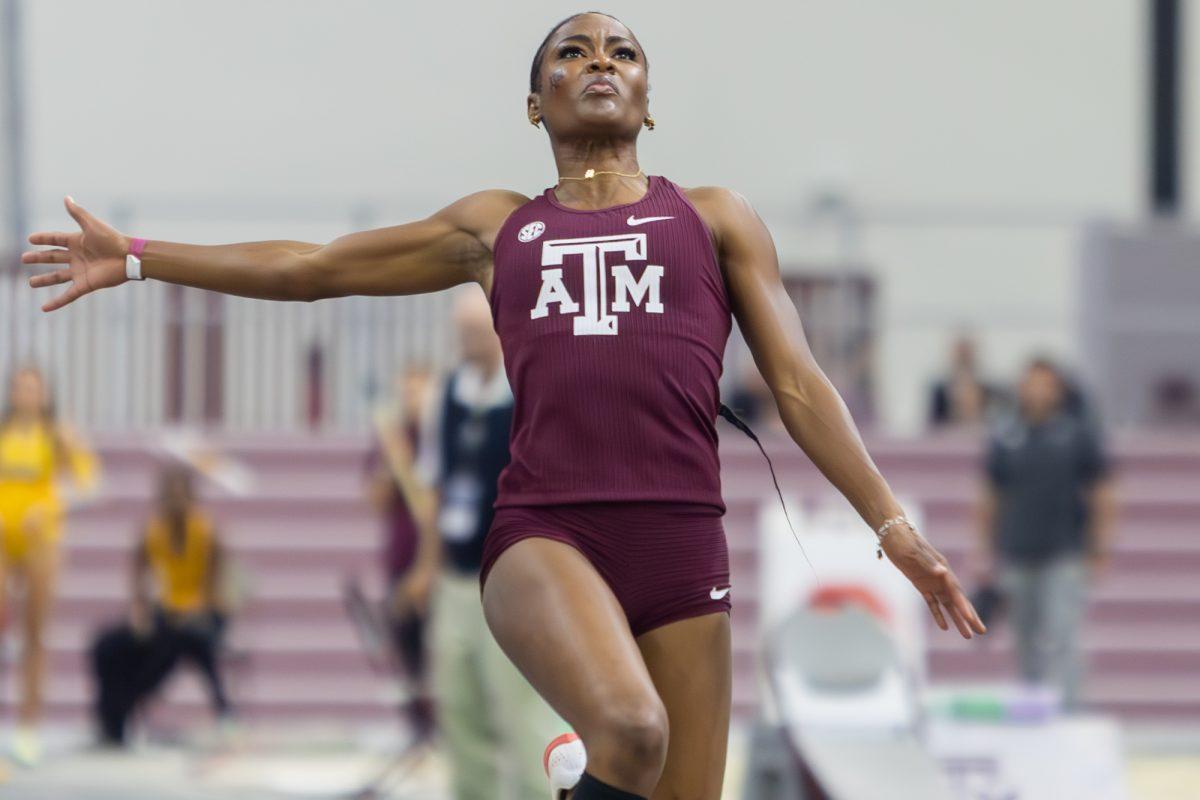 Texas A&M junior Joniar Thomas jumps during the Charlie Thomas Invitational at the Murray Fasken Indoor Track on Saturday, Feb. 3, 2024. (CJ Smith/The Battalion)