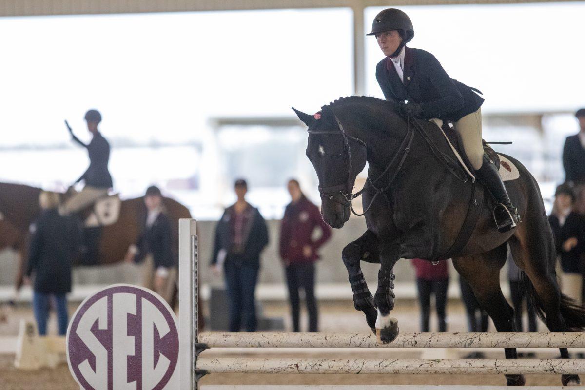 Texas A&M rider Kate Egan leaps during Texas A&Ms match against South Carolina on Saturday, Feb. 10, 2024, at Hildebrand Equestrian Center. (Adriano Espinosa/The Battalion)