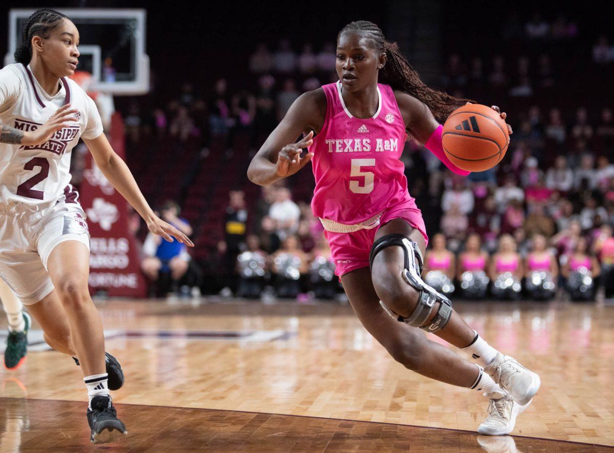 Senior guard Aicha Coulibaly approaches the net during Texas A&M's game against Mississippi State on Feb. 4, 2024, at Reed Arena. (Adriano Espinosa/ The Battalion)