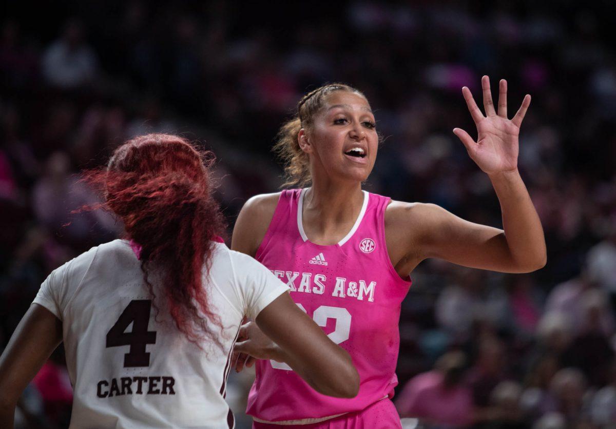 Junior forward Lauren Ware reaches towards the refs during Texas A&Ms game against Mississippi State on Feb. 4, 2024, at Reed Arena. (Adriano Espinosa/ The Battalion)