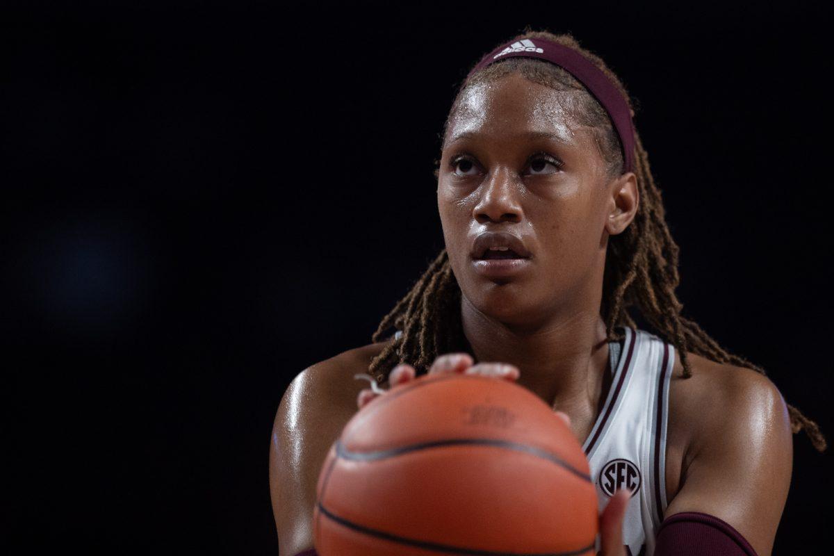 Texas A&M forward Janiah Barker (2) shoots during Texas A&Ms game against Arkansas on Thursday, Feb. 22, 2024, at Reed Arena. (Adriano Espinosa/The Battalion)