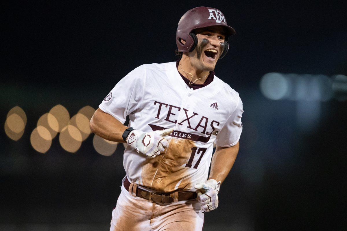 Texas A&M outfielder Jace Laviolette (17) reacts after hitting a home run during Texas A&M’s game against Lamar on Tuesday, Feb. 27, 2024 at Blue Bell Park. (Chris Swann/The Battalion)