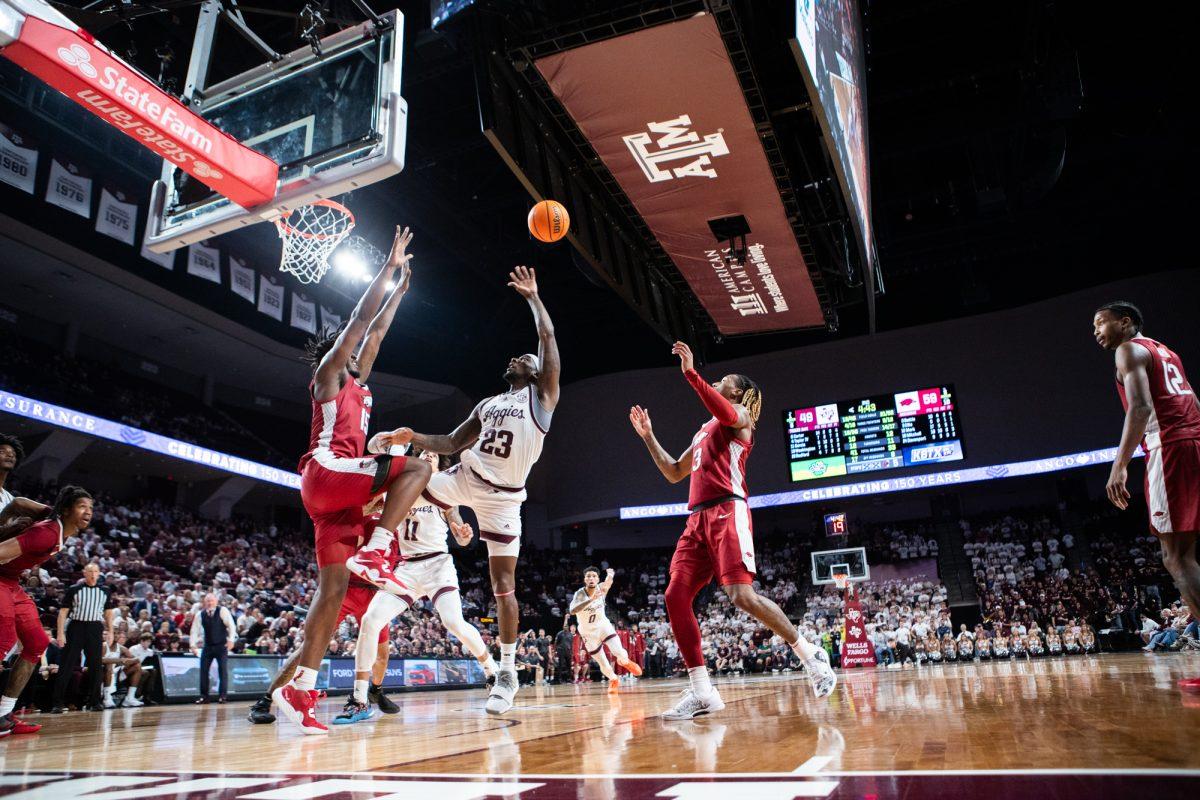 Texas A&M Aggies guard Tyrece Radford (23) shoots the ball during Texas A&M’s game against Arkansas on Tuesday, Feb. 20, 2024, at Reed Arena. (Jaime Rowe/The Battalion)