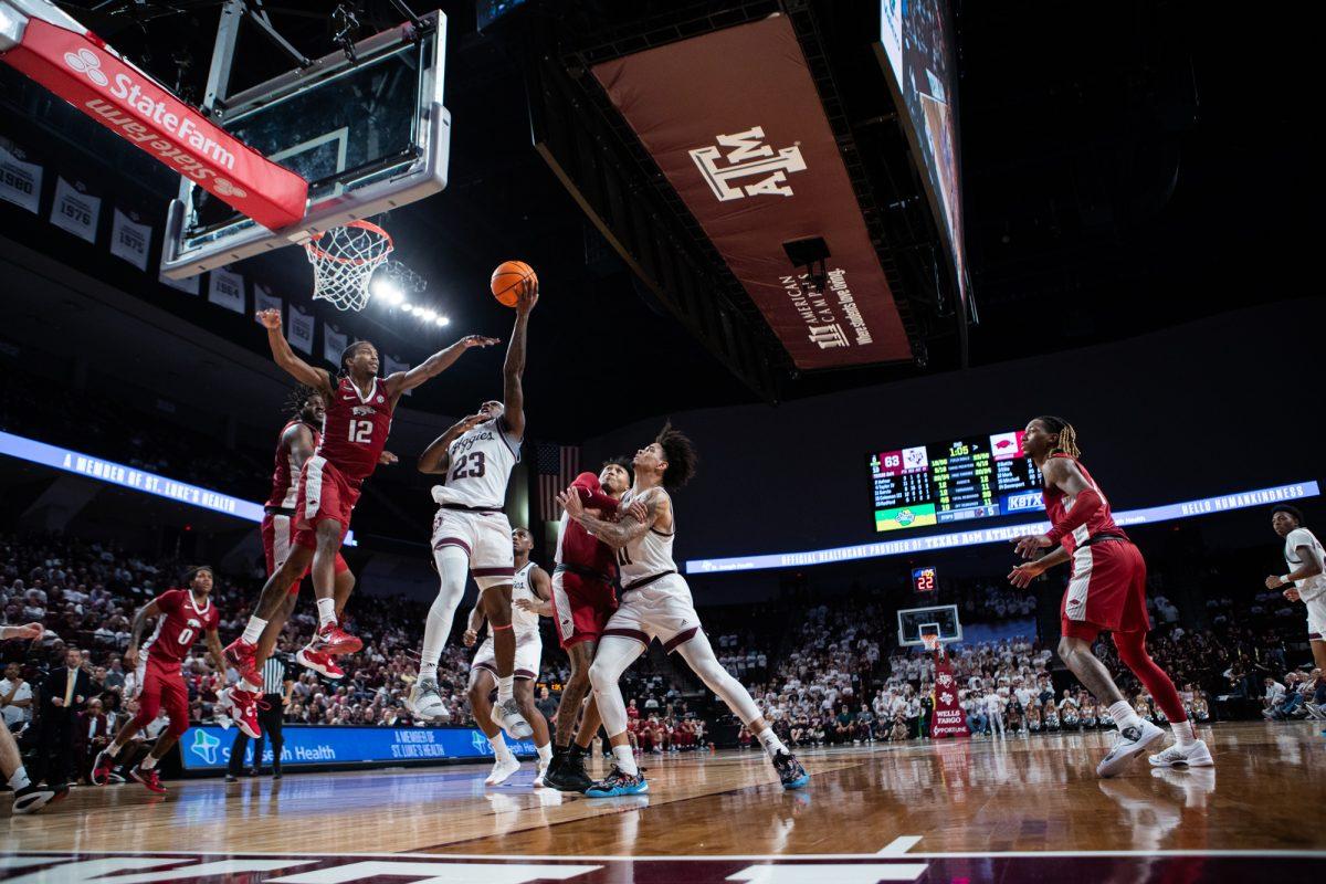 Texas A&M Aggies guard Tyrece Radford (23) shoots the ball during Texas A&M’s game against Arkansas on Tuesday, Feb. 20, 2024, at Reed Arena. (Jaime Rowe/The Battalion)