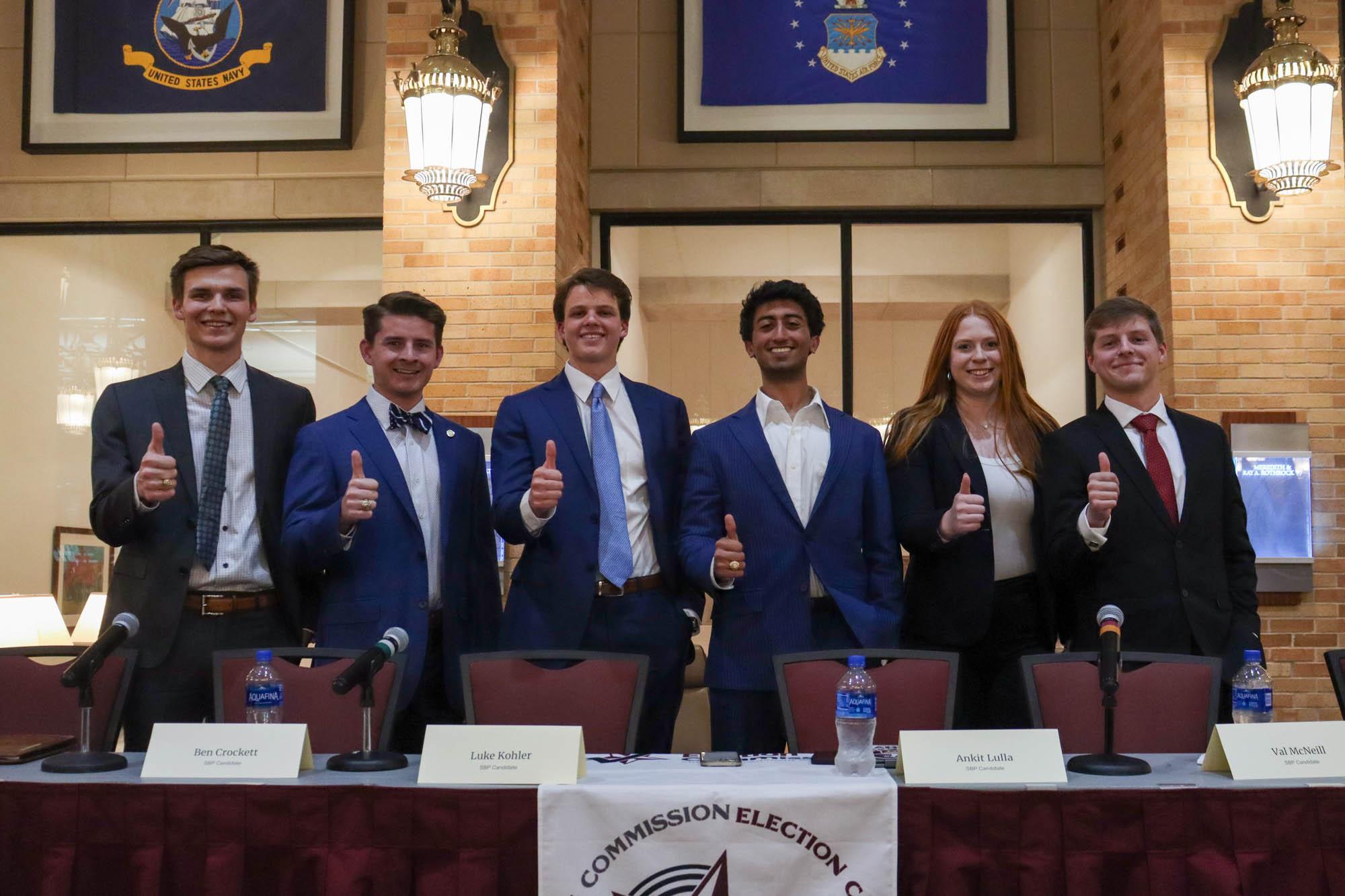 (Left to right) Junior Finance major Cade Coppinger, Junior Political Science major Ben Crockett, Junior Finance major Luke Kohler, Junior Mechatronics Engineering major Ankit Lulla, Junior Industrial Distribution major Val McNeill, and Junior Society Ethics and Law major Carter J. Ostrom posed at the Student Body President Debate in the MSC Flag Room on Thursday Feb. 22, 2024. (Photo by Ashely Bautista)