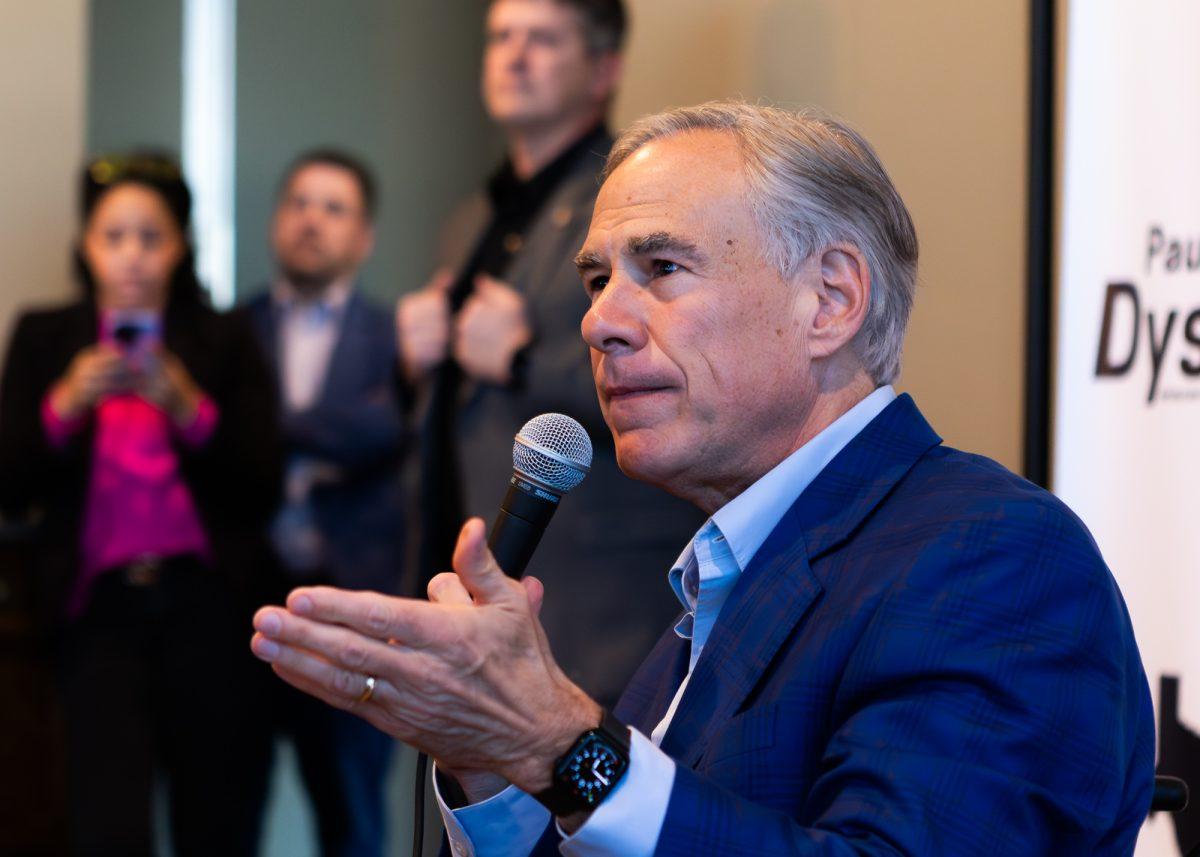 Gov. Greg Abbott speaks during his visit to College Station to endorse House District 14 candidate Paul Dyson at Pebble Creek Country Club on Tuesday, Feb. 13, 2024.