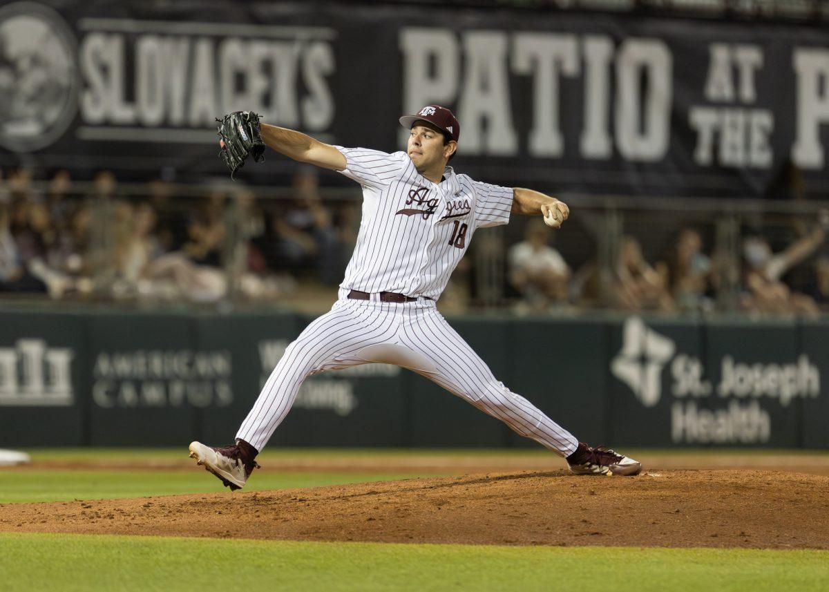 Texas A&M LHP Ryan Prager (18) pitches during Texas A&Ms game against Wagner on Friday, Feb. 23, 2024, at Blue Bell Park. (Adriano Espinosa/The Battalion)