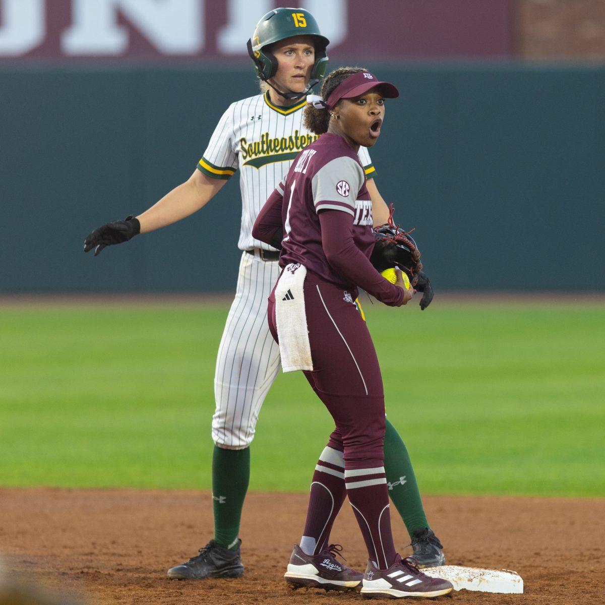 Kennedy Powell (1) surprised by a call during Texas A&Ms game against Southeastern Louisiana on Thursday, Feb. 22, 2024 at Davis Diamond. (Hannah Harrison/The Battalion)