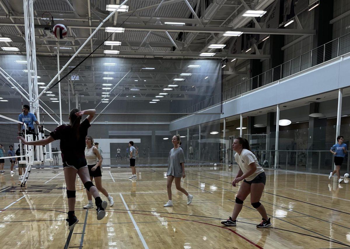 Senior Jessica Fergurson of the SmartAces spikes during the first set on Feb. 8 at the Student Rec Center. The SmartAces went on to win after a tiebreaker set.
