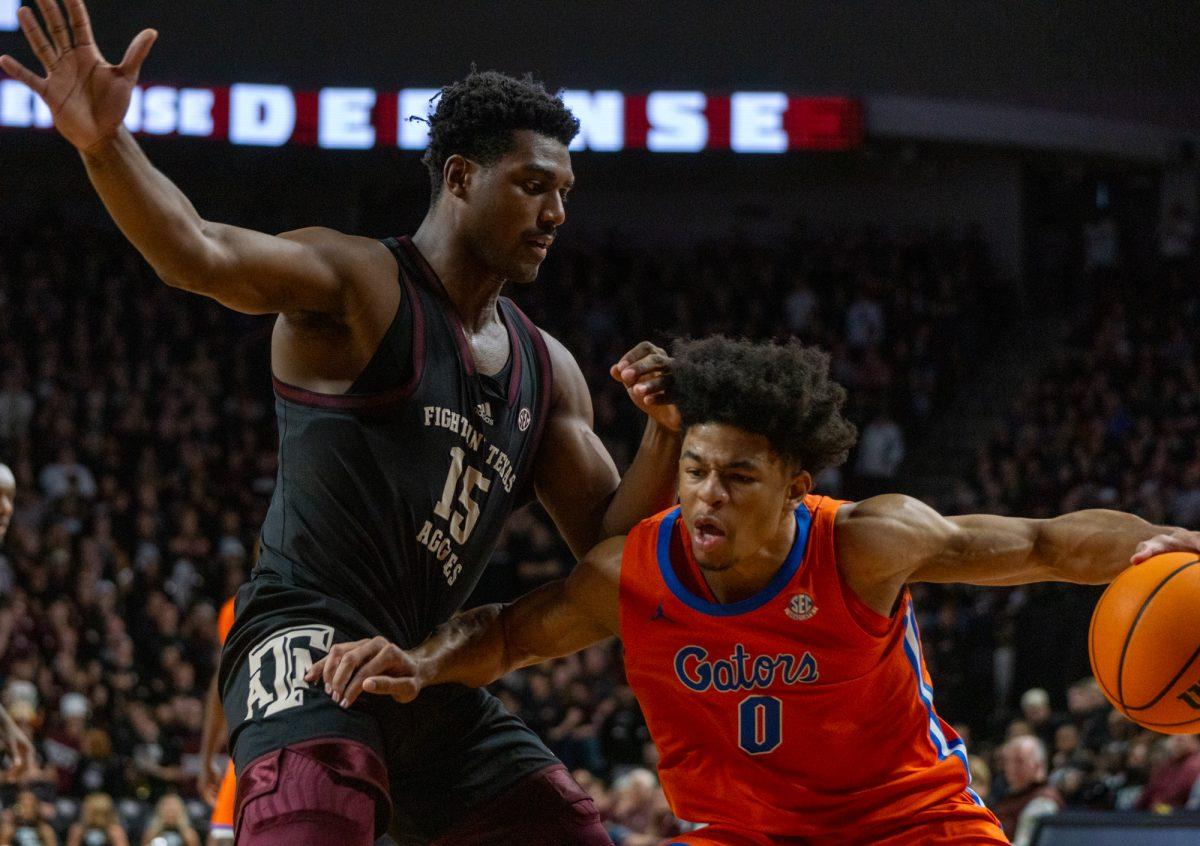 Senior F Henry Coleman III (15) gurads Florida Graduate G Zyon Pullin (0) during Texas A&Ms game against Florida on Saturday, Feb. 3, 2024 at Reed Arena