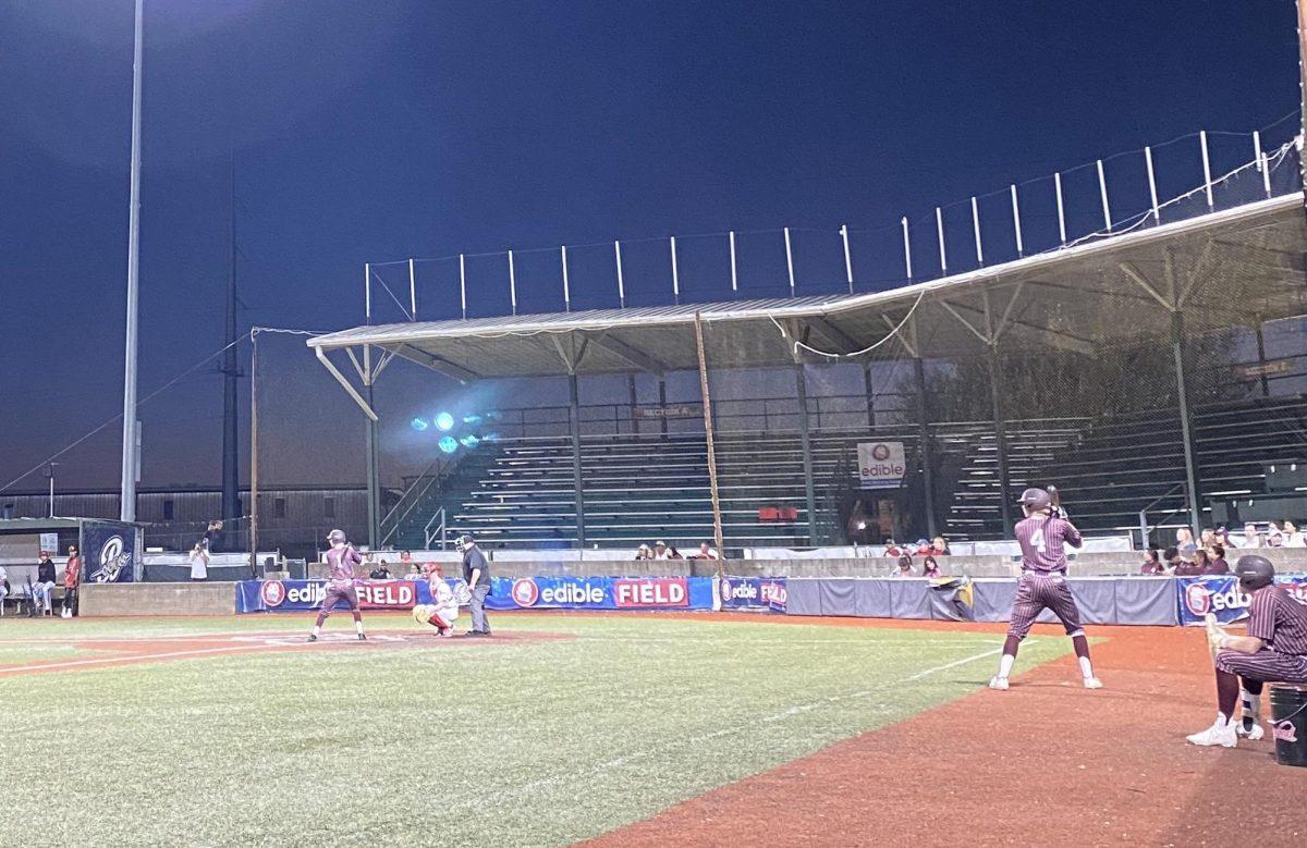 Sophomore James Dickerson led off the Aggies against Texas Tech at Bomber’s Field in Bryan on Feb. 24, 2024. (Gia Gaston/JOUR 359 Contributor)