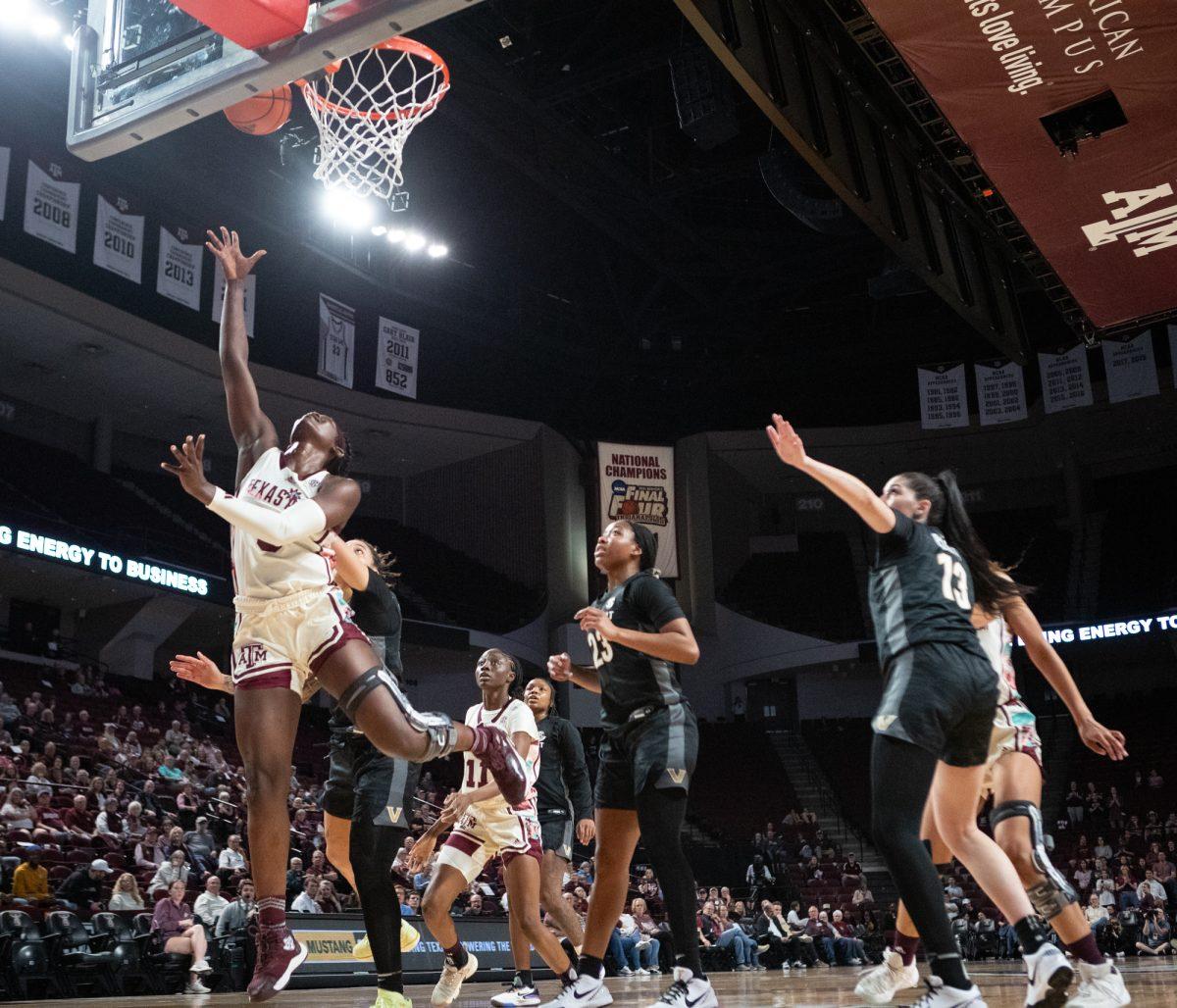 The Texas A&M Aggies Aicha Coulibaly (5) preparing to score during Texas A&Ms game against Vanderbilt on Thursday, Feb. 15, 2024 at Reed Arena. (Hannah Harrison/The Battalion)