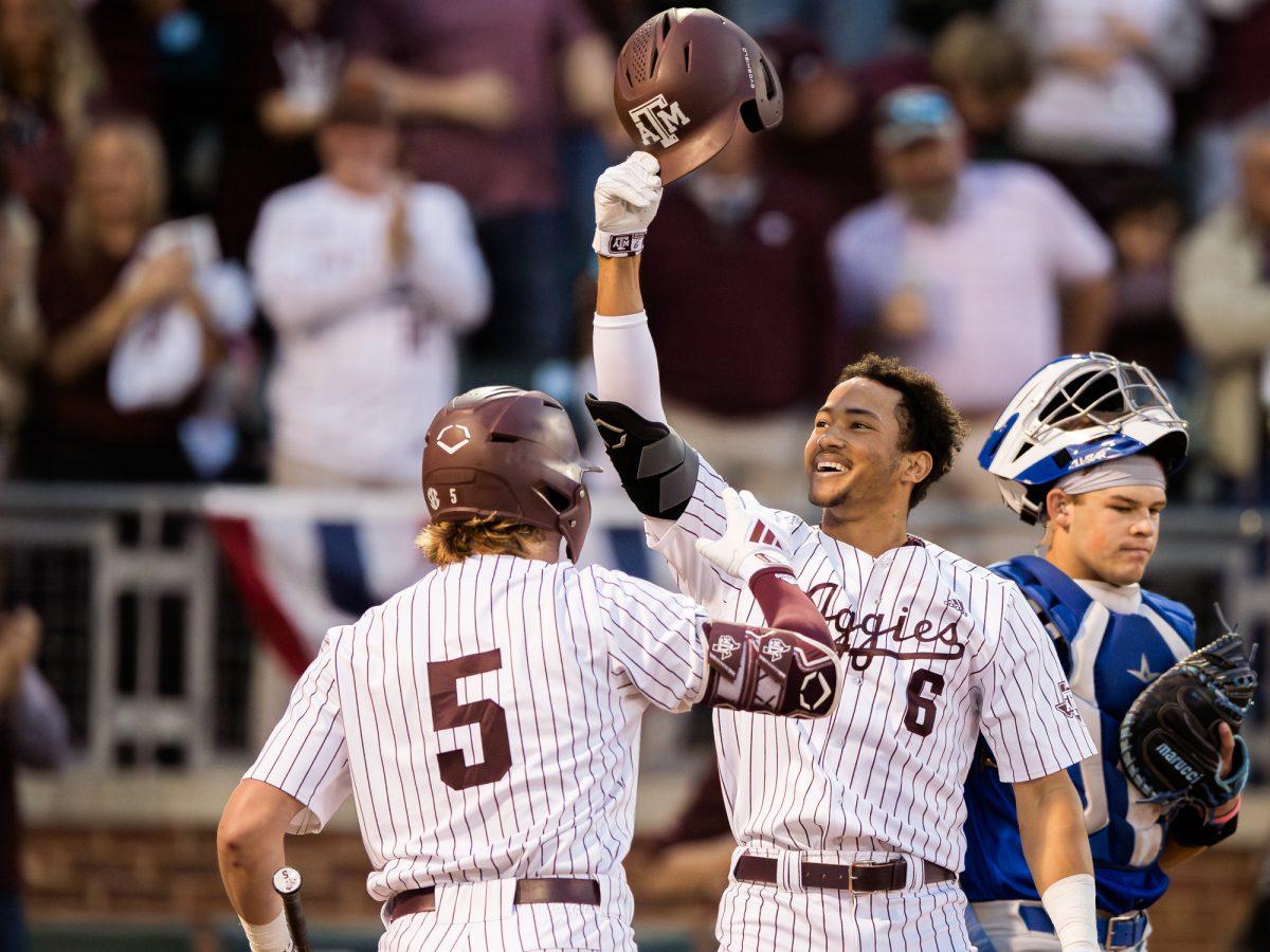 Texas A&M outfielder Braden Montgomery (6) scores the first home run of the season during Texas A&M’s game against McNeese on Friday, Feb. 16, 2024, at Blue Bell Park.(Ishika Samant/The Battalion)