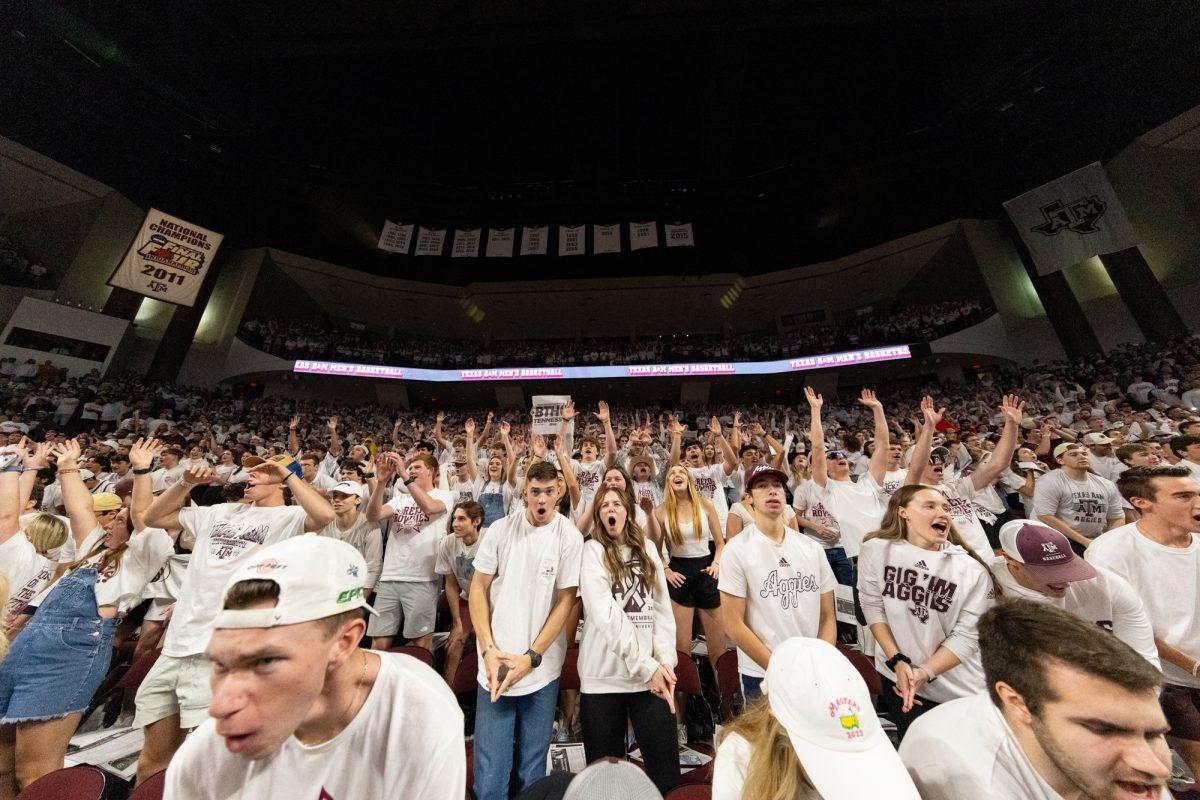 Fans sending cheers to players during warmups before Texas A&Ms game against Tennessee on Saturday, Feb. 10, 2024 at Reed Arena. (Hannah Harrison/The Battalion)