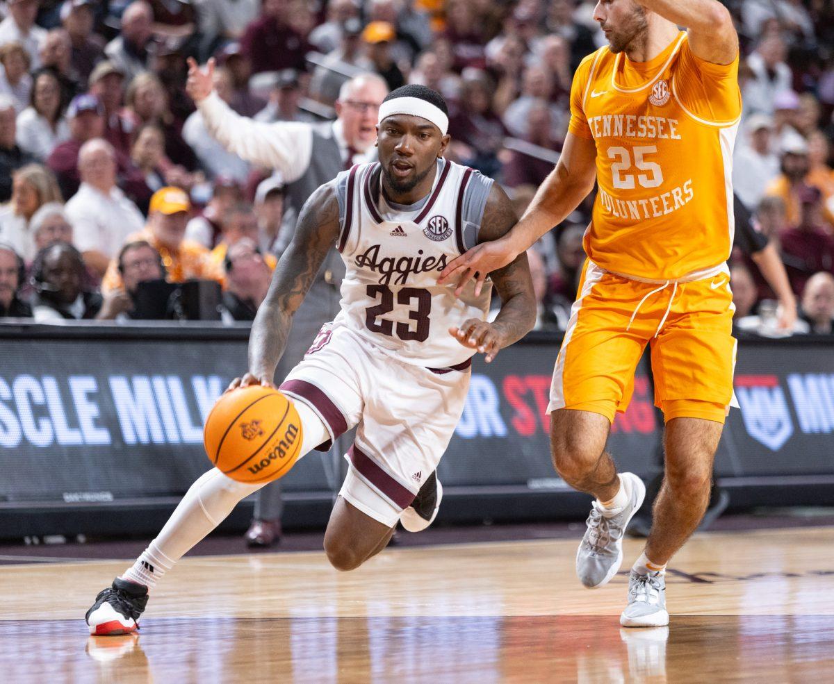 Texas A&M Aggies Tyrece Radford (23) moving in to score during Texas A&Ms game against Tennessee on Saturday, Feb. 10, 2024 at Reed Arena. (Hannah Harrison/The Battalion)