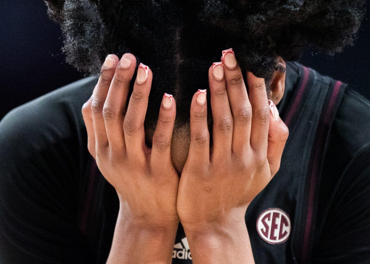 Texas A&M Aggies guard Sahara Jones (24) reacts during Texas A&M’s game against LSU on Tuesday, Feb. 19, 2024, at Reed Arena. (Ishika Samant/The Battalion)