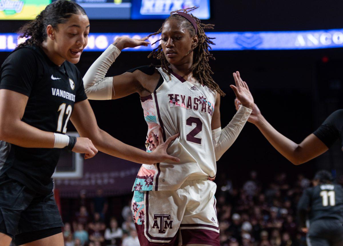 Janiah Barker (2) playing defense during Texas A&Ms game against Vanderbilt on Thursday, Feb. 15, 2024 at Reed Arena. (Hannah Harrison/The Battalion)