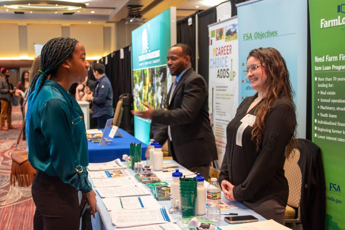 Students engage in the AGLS career fair located at MSC 2300 on Feb 1, 2024.