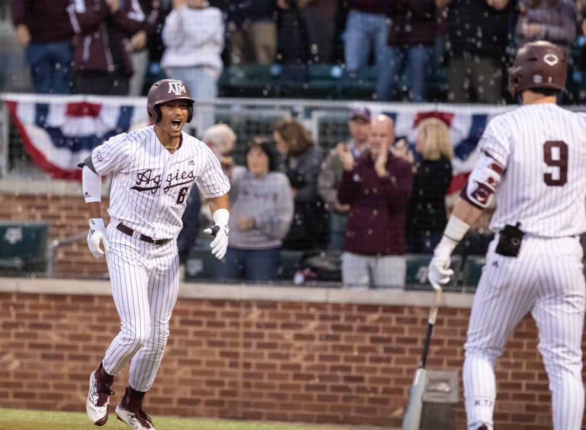 Texas A&M outfielder Braden Montgomery (6) celebrates during Texas A&M’s game against McNeese on Friday, Feb. 16, 2024, at Blue Bell Park. (Lana Cheatham/The Battalion)