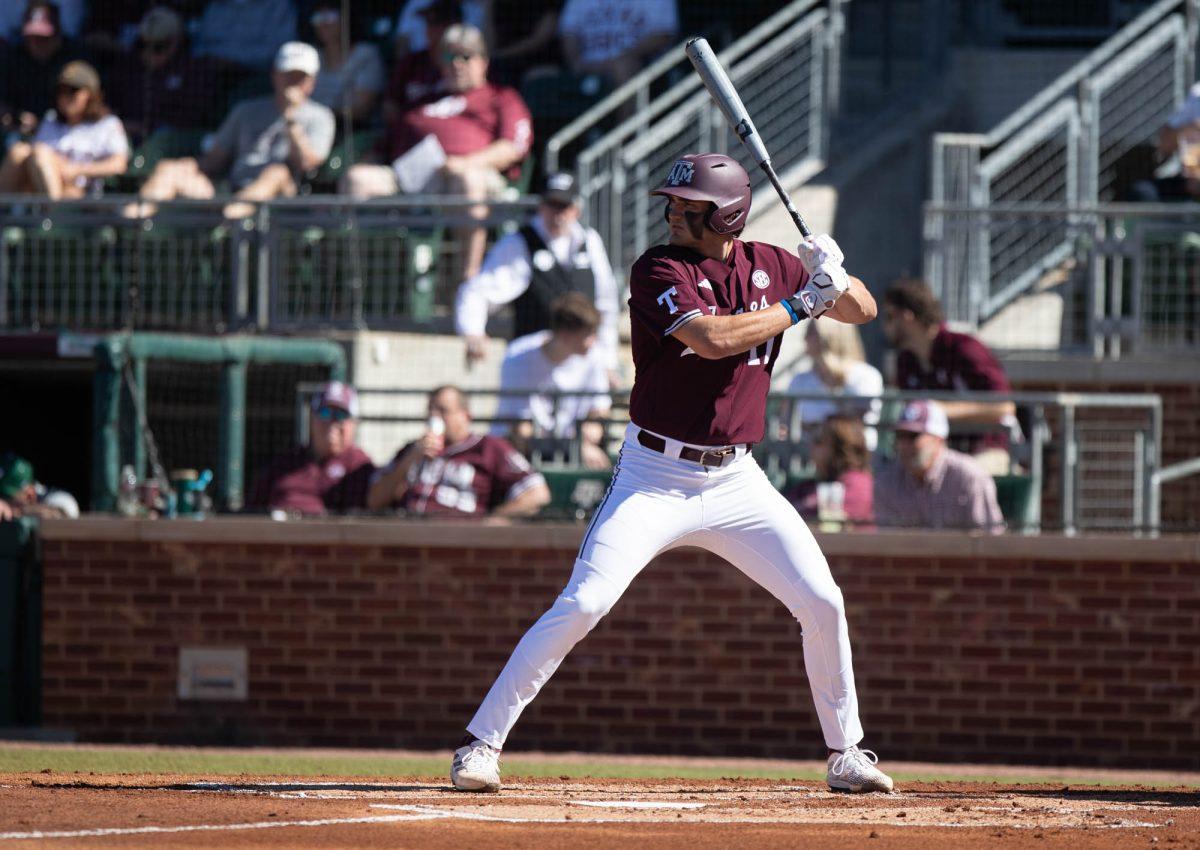 Texas A&M outfielder Jace Laviolette (17) during Texas A&Ms game against Wagner on Saturday, Feb. 24, 2024, at Blue Bell Park. (Lana Cheatham/The Battalion)