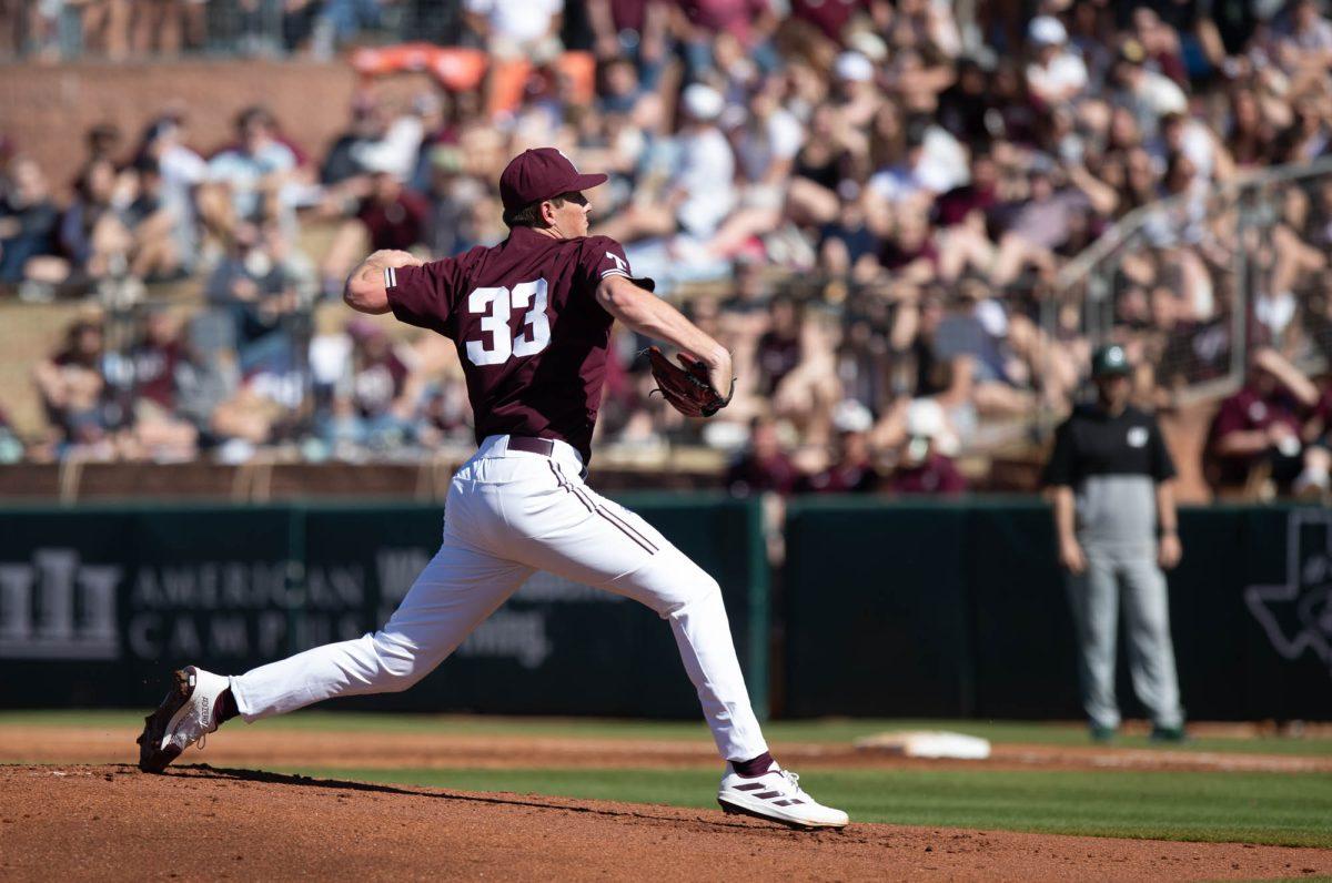 Texas A&M pitcher Justin Lamkin (33) during Texas A&Ms game against Wagner on Saturday, Feb. 24, 2024, at Blue Bell Park. (Lana Cheatham/The Battalion)