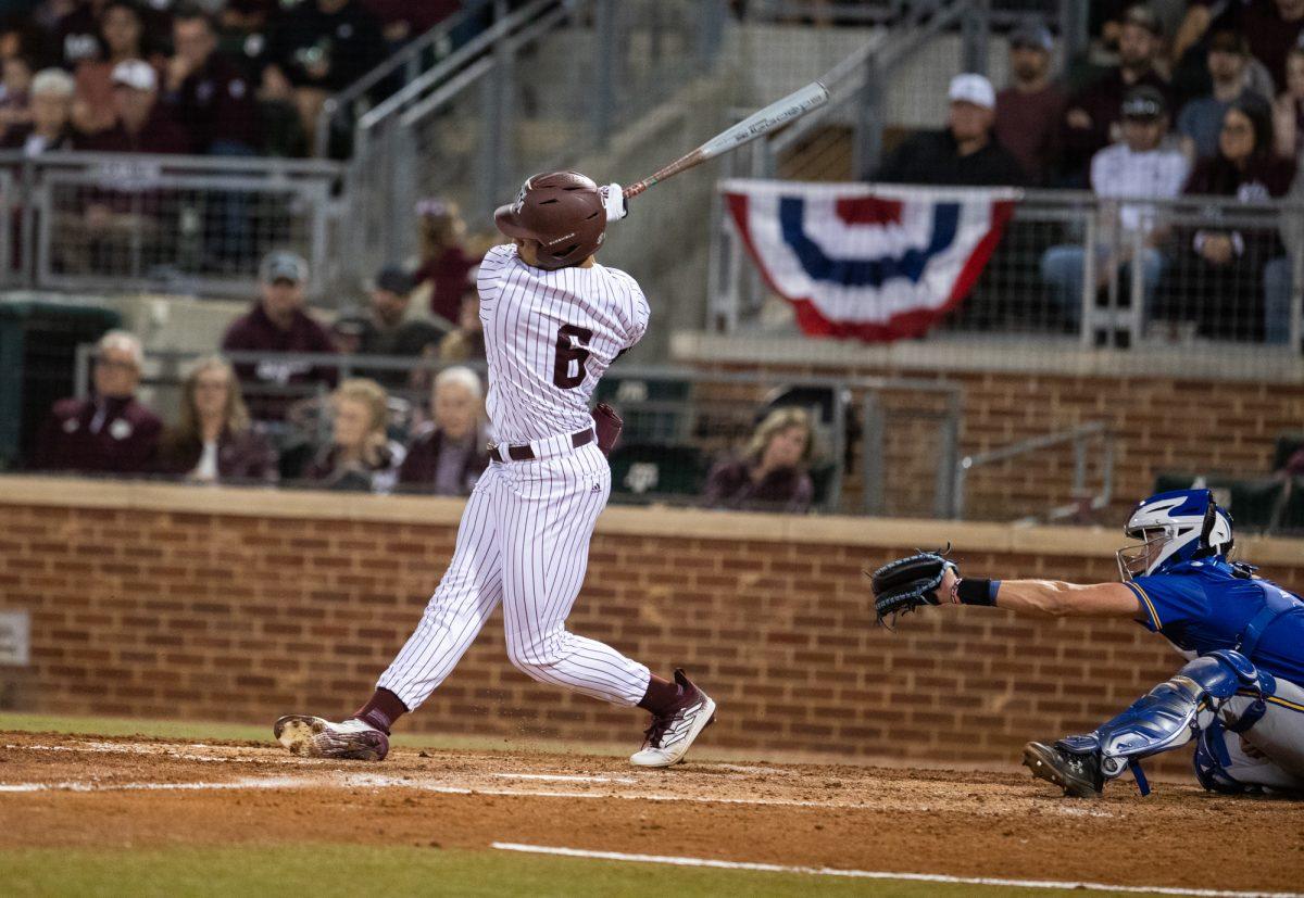 Texas A&M outfielder Braden Montgomery (6) swings during Texas A&M’s  game against McNeese on Friday, Feb. 16, 2024, at Blue Bell Park. (Lana Cheatham/The Battalion)