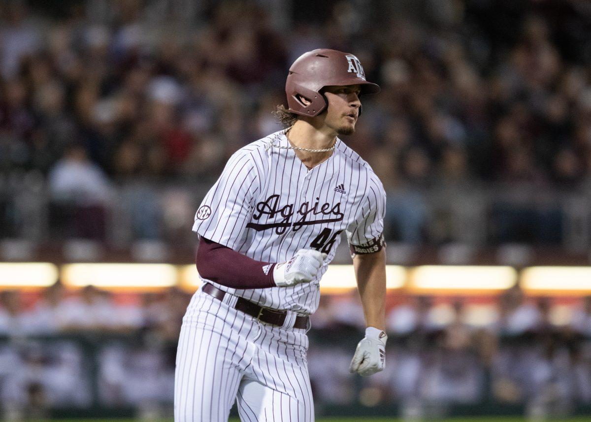 Texas A&M pitcher Blake Binderup (46) runs during Texas A&M’s game against McNeese on Friday, Feb. 16, 2024, at Blue Bell Park. (Lana Cheatham/The Battalion)