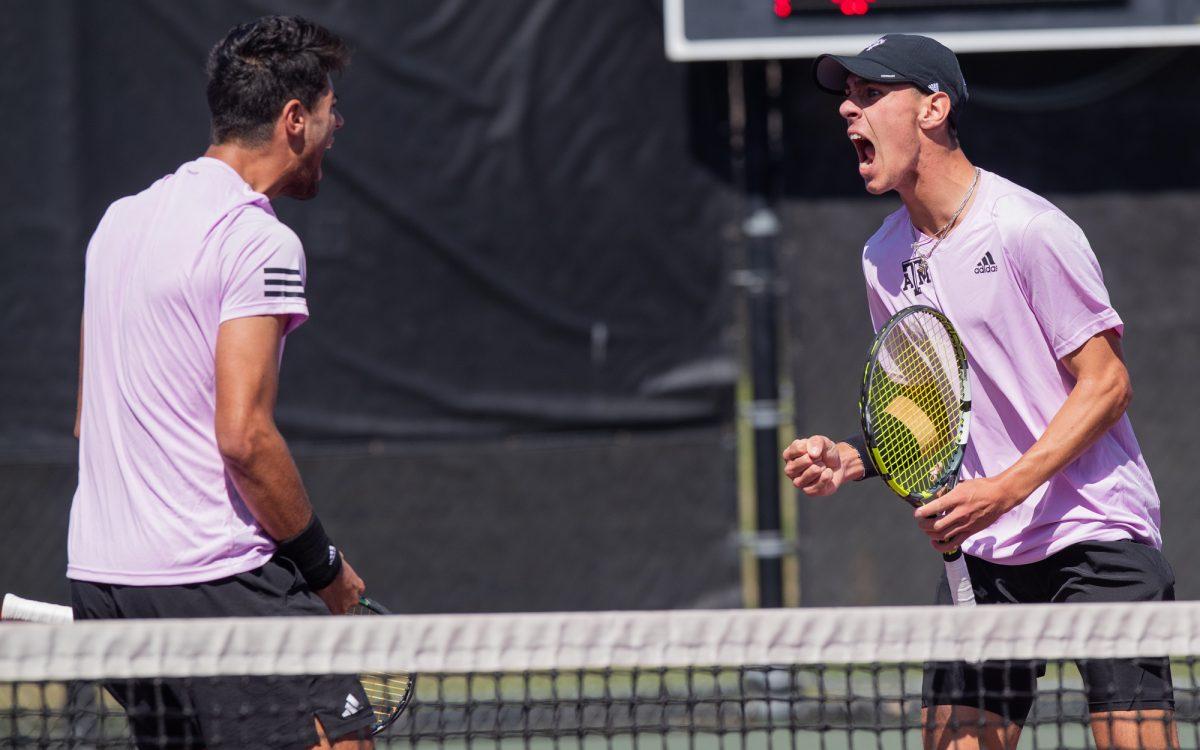 Sophomore Togan Tokac and Junior Giulio Perego react to their doubles win at Texas A&Ms match against Pepperdine on Sunday, Feb. 25, 2024, at the Mitchell Tennis Center. (© Connor May/The Battalion)