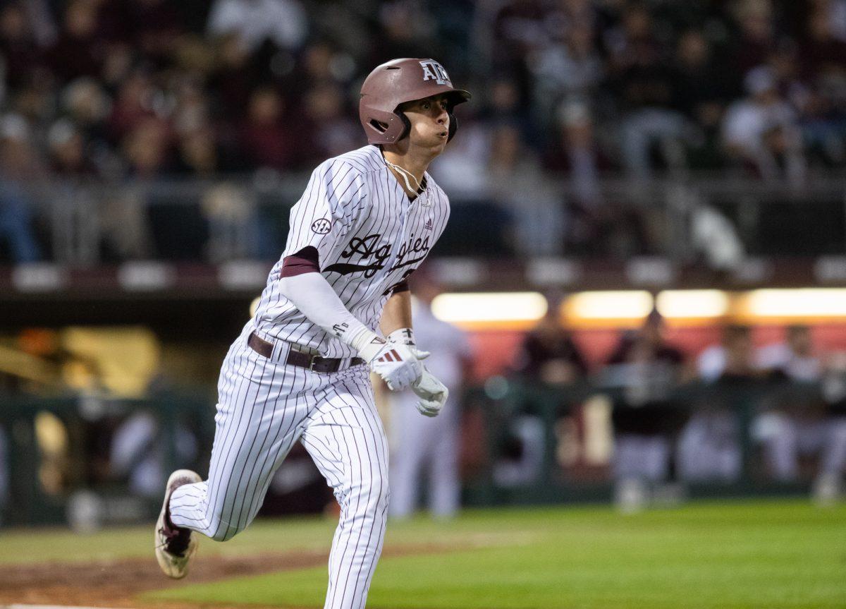 Texas A&M infielder Ali Camarillo (2) runs during Texas A&M’s  game against McNeese on Friday, Feb. 16, 2024, at Blue Bell Park. (Lana Cheatham/The Battalion)