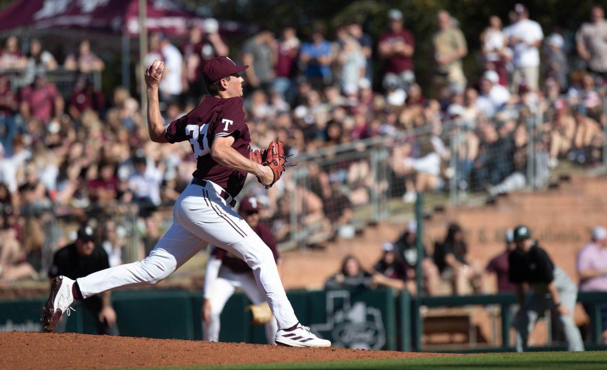Texas A&M pitcher Justin Lamkin (33) during Texas A&Ms game against Wagner on Saturday, Feb. 24, 2024, at Blue Bell Park. (Lana Cheatham/The Battalion)